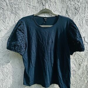 Express Dark Blue Eyelet Sleeve Top